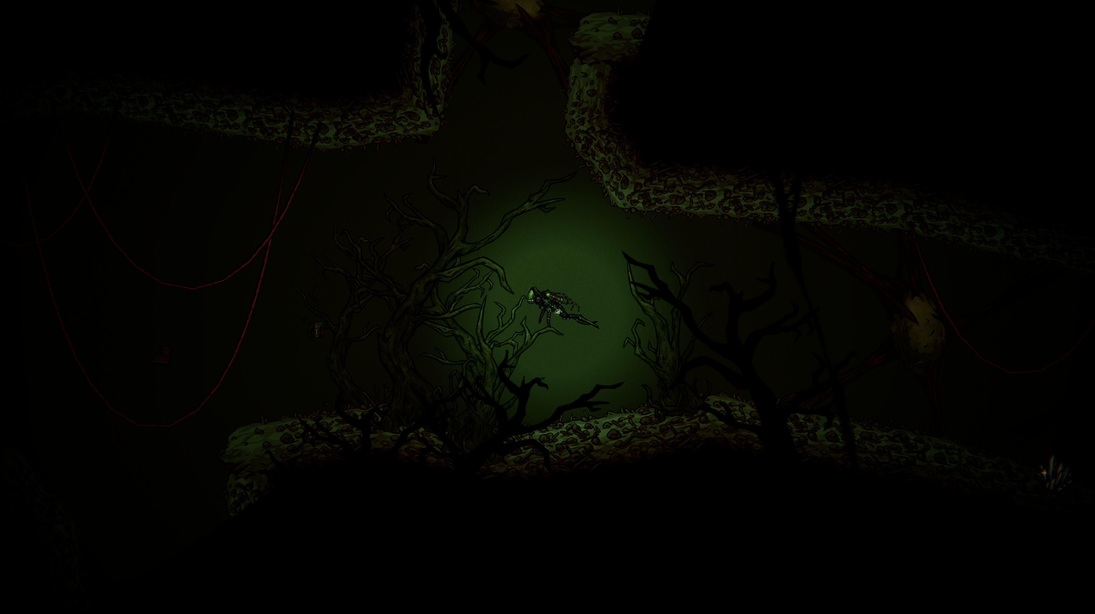 Diver drifting through a haunted underwater kelp forest in dive or die