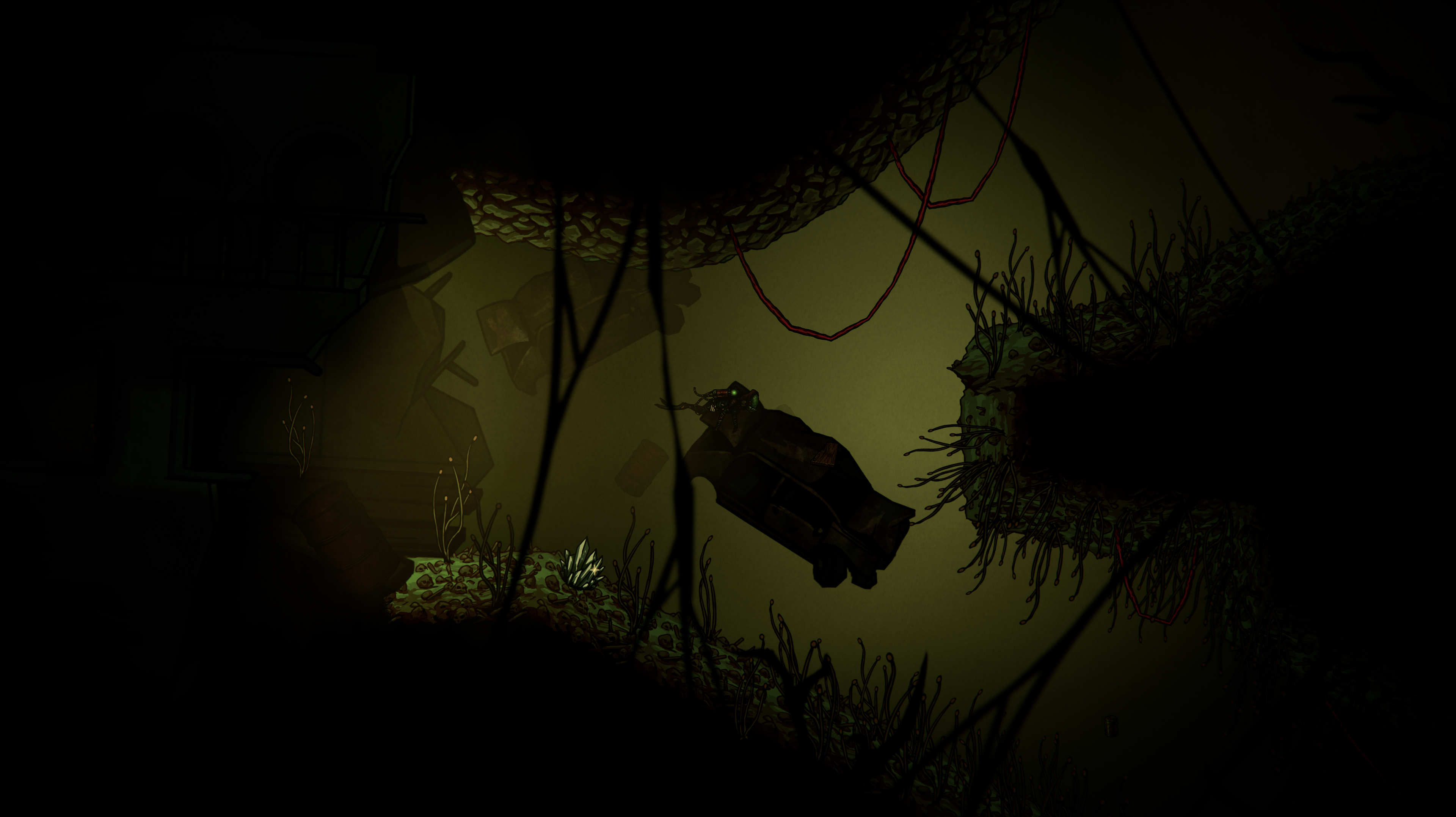 Diver near a submerged wreck and hanging red cables in murky water in dive or die